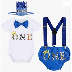 Baby Boys 1st Birthday Blue & White Cake Smash Outfit,  4PCS, 6-12 Months
